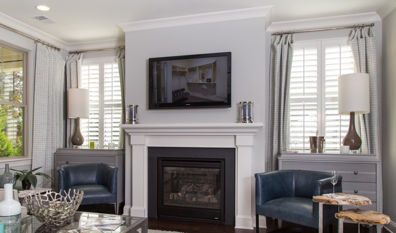 Phoenix fireplace with plantation shutters.